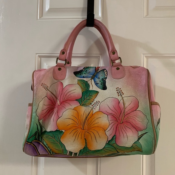 Anna Anuschka pink/Orange floral blue butterfly Hand-Painted Leather Satchel.